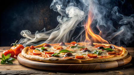 A hot pizza with melted cheese, tomatoes, olives, and basil sits on a wooden board, with flames and steam rising dramatically.の素材