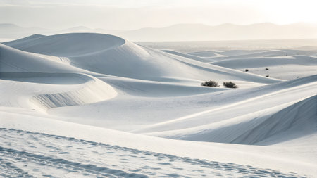 Gentle white sand dunes create flowing curves and shadows under a pale hazy sky with distant mountains.の素材
