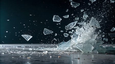 Clear glass shards explode and scatter across a dark surface with a dark blue background.の素材