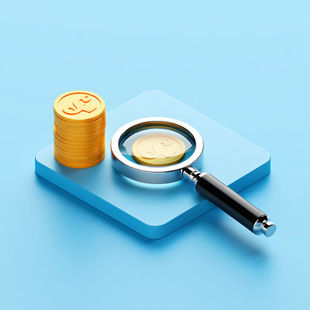 A stack of gold coins sits on a blue platform next to a magnifying glass examining a single coin.の素材