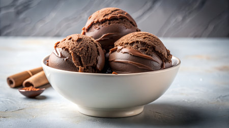 Three scoops of dark brown chocolate ice cream fill a white bowl. Cinnamon sticks and a small dish of cocoa powder are on the side.の素材