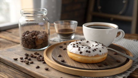 A white iced donut with chocolate chips sits on a wooden tray next to a white coffee cup and a glass of dark coffee.の素材