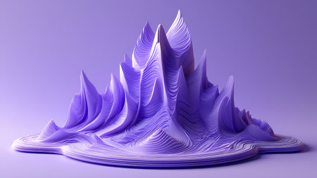 Abstract purple landscape with layered organic shapes resembling a mountain range. Smooth, flowing lines create a textured, fluid appearance with soft light and shadow.の素材
