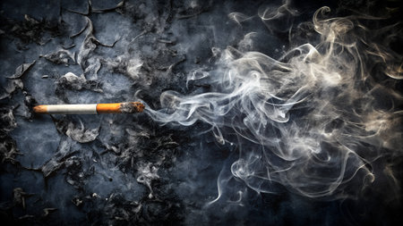 A lit cigarette with an orange tip and white filter emits swirling white smoke against a dark, cracked, and textured surface.の素材