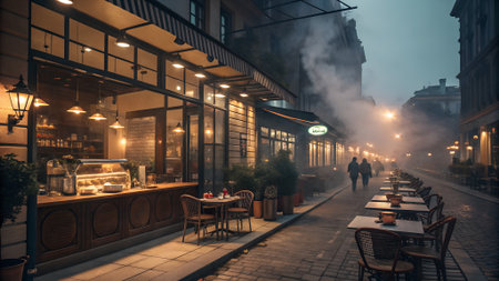 A European street cafe at dusk with tables and chairs on a cobblestone sidewalk. Steam or fog drifts through the air, illuminated by warm streetlights and cafe window lights.の素材