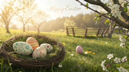 A woven nest filled with decorated Easter eggs sits in a sunlit green meadow dotted with small flowers and a distant wooden fence.の素材