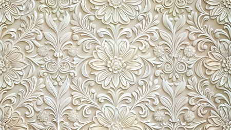 A detailed 3D embossed pattern of cream and beige floral motifs and swirling leaves.の素材