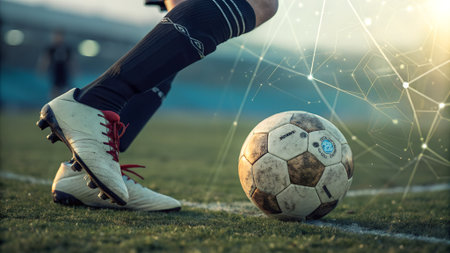 A soccer ball rests on green grass near a white line. A player's foot in a white cleated shoe and black sock is visible. A digital network graphic overlays the scene.の素材
