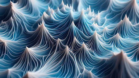 Abstract image with flowing organic lines in shades of blue and white, creating a textured landscape of peaks and valleys.の素材