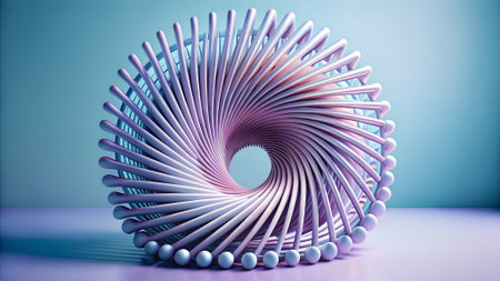 A pastel pink and blue abstract sculpture with a swirling spiral form made of metallic rods and small spheres.の素材
