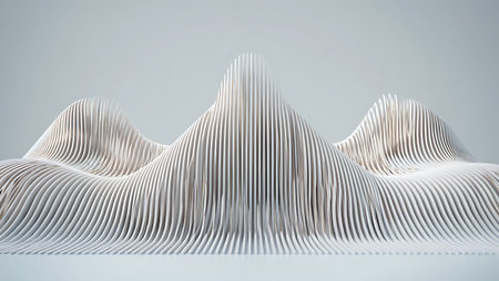 White undulating lines create abstract mountain-like forms against a soft gray background.の素材