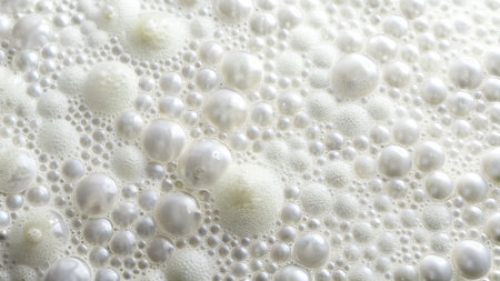 A close-up view of numerous white foam bubbles and spheres of varying sizes. Light reflects off the glossy surfaces of the larger bubbles.の素材