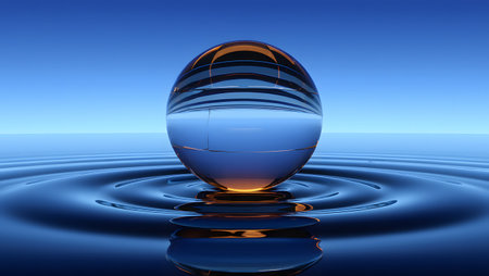 A transparent blue sphere sits on a dark blue rippling water surface under a clear blue sky.の素材
