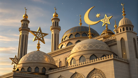 A detailed mosque exterior features golden domes and minarets against a twilight sky with stars. Golden crescent moons and stars adorn the rooftops.の素材