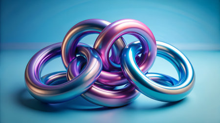 A cluster of five interlocking metallic torus shapes with iridescent blue and pink highlights against a soft blue background.の素材