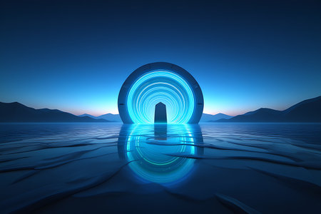 A glowing blue circular portal emits light on a dark, rippling water surface. Mountains are silhouetted against a deep blue twilight sky.の素材