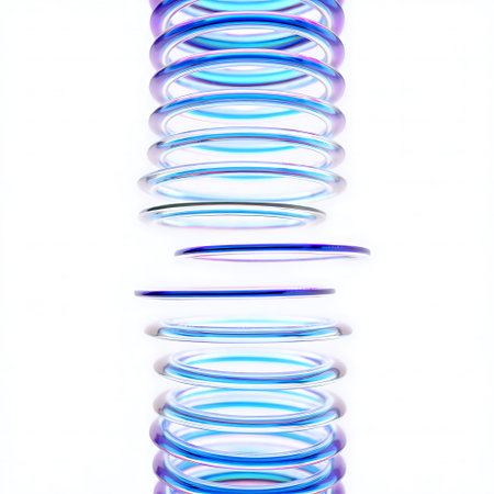 Stacked iridescent glass rings in shades of blue and purple against a white background. The rings are translucent and reflect light.の素材