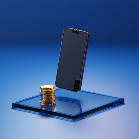 A dark smartphone hovers above a stack of gold coins resting on a translucent blue glass platform against a gradient blue background.の素材