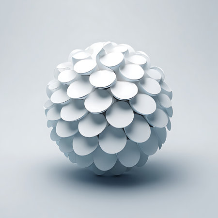 A white sphere made of many overlapping circular petals sits on a light gray surface with soft shadows.の素材