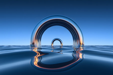 Two reflective chrome arches rise from rippling blue water against a clear blue sky. The larger arch in the foreground has a smaller arch in the distance.の素材