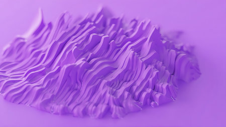 A 3D render of an abstract purple landscape with layered, wavy ridges and a soft, smooth background.の素材