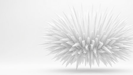 A white abstract sphere with numerous sharp geometric protrusions radiates outward against a clean white background.の素材
