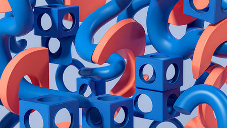 A 3D render of abstract geometric forms in blue and orange, with smooth curves and hollow cubes suspended against a light blue background.の素材