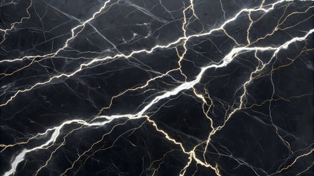 Black marble surface with intricate white and gold veining creating an abstract, luxurious texture.の素材