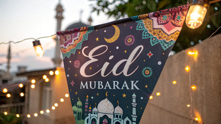 A dark banner with "Eid Mubarak" text and colorful Islamic patterns hangs with glowing string lights.の素材