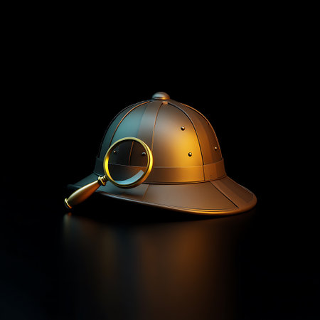 A golden detective hat with a magnifying glass rests on a dark reflective surface against a black background.の素材