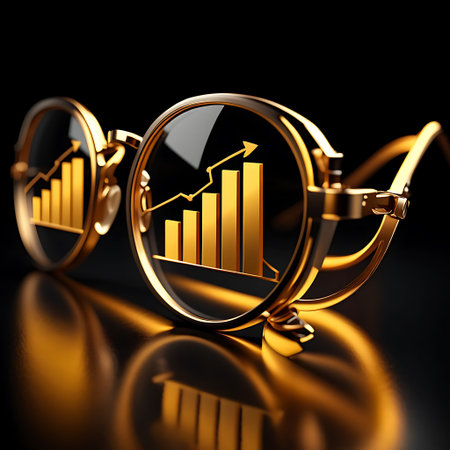 Gold framed glasses with a rising bar chart and arrow reflected in the lenses, set against a dark reflective surface.の素材