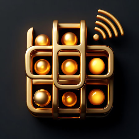 A golden grid structure holds several reflective golden spheres against a dark background. A golden Wi-Fi symbol emanates from the upper right.の素材
