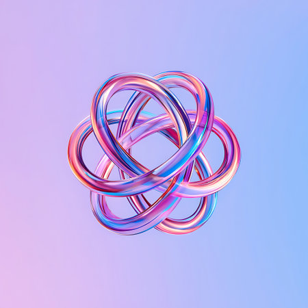 A translucent iridescent glass knot sculpture with pink and blue hues floats against a soft gradient background of purple and blue.の素材