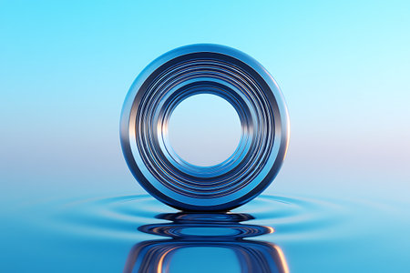 A metallic ring with concentric circles sits on a rippling blue water surface, reflecting light.の素材
