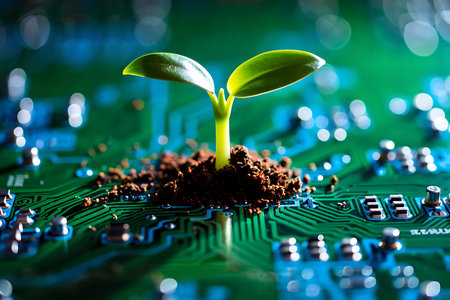 A young green sprout emerges from dark soil on a detailed green circuit board with blue accents and bokeh lights.の素材