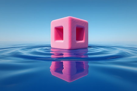 A pink geometric cube with hollow square openings floats on gently rippling blue water. The clear blue sky meets the water at a distant horizon.の素材