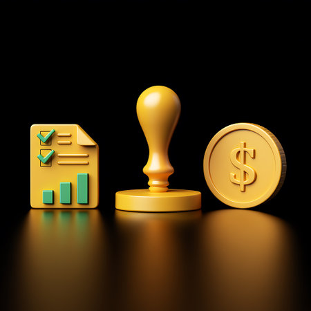 Yellow 3D objects including a stamp, checklist with green checkmarks and bars, and a dollar coin against a dark reflective background.の素材