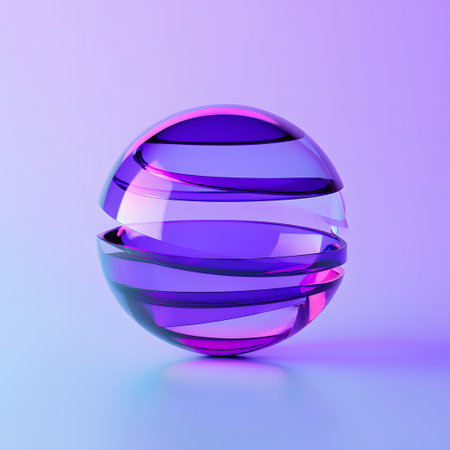 A transparent sphere with swirling layers of purple and pink light against a soft gradient background.の素材