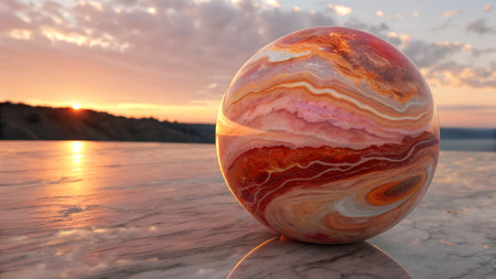 A colorful swirled sphere rests on a reflective marble surface against a sunset sky with clouds and a distant horizon.の素材