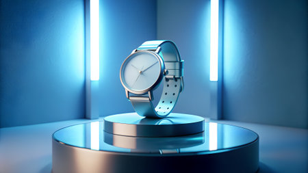 A silver wristwatch with a white dial sits on a reflective blue podium. Vertical blue lights illuminate the background.の素材