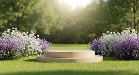A beige two-tiered podium sits on lush green grass, flanked by bushes of purple and white flowers.の素材