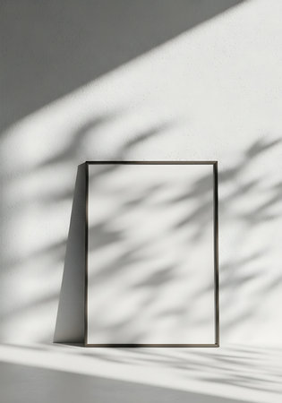 A blank white poster frame with a thin dark border stands against a textured white wall. Leaf shadows are cast across the wall and frame.の素材