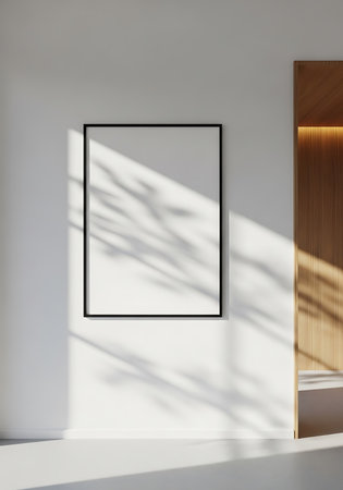 White wall with a black framed blank picture and dappled tree shadows. Wood paneling on the right.の素材