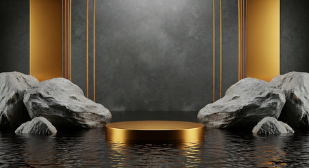 A gold circular podium sits on dark rippling water, flanked by grey rocks and vertical gold panels against a textured dark wall.の素材
