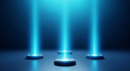 Three dark circular platforms emit bright blue light beams upwards against a dark, star-speckled background.の素材