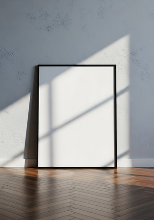 A blank white poster in a black frame rests against a textured grey wall, illuminated by diagonal window light and shadows.の素材