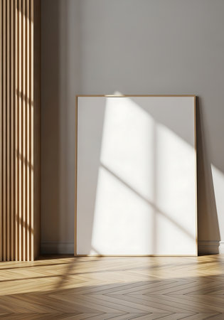 A blank canvas in a thin golden frame rests against a light gray wall. Sunlight casts diagonal shadows across the canvas and a wooden parquet floor.の素材
