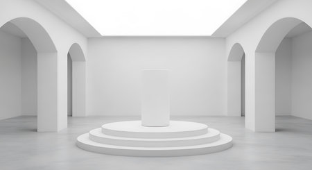 A bright white interior with arched doorways, a tiered circular platform, and a cylindrical pedestal in the center.の素材