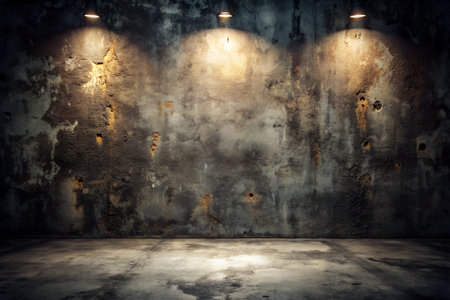 Dark textured concrete wall with three overhead spotlights casting warm light on a rough concrete floor.の素材