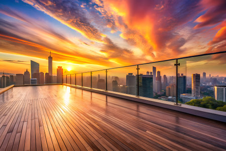 Wooden deck with glass railing overlooks a city skyline during a vibrant sunset with orange and yellow clouds.の素材